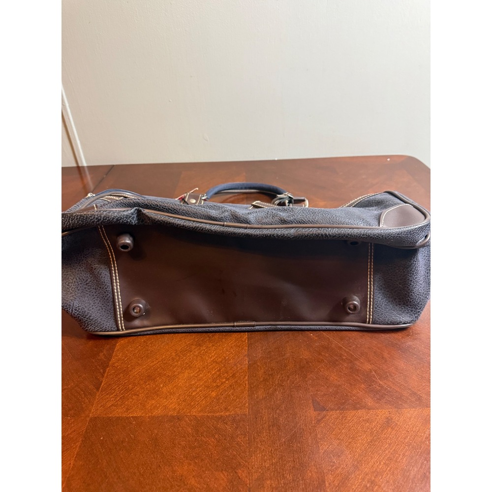 Vtg Oscar de la Renta Carry-On Bag Navy Pebble Suede 90s Weekender‎ Duffel Brown - Picture 6 of 12